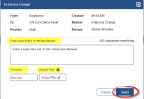 In the In-Service Change window, fields to reply to the message, set a priority, and attach a file display at center. The Send button displays at bottom right.